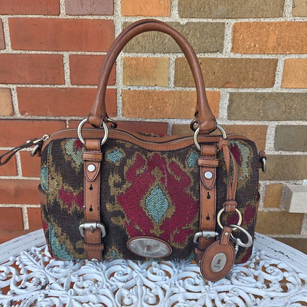 Fossil Maddox Kilim Tapestry Leather Satchel Crossbody Bag LTD
